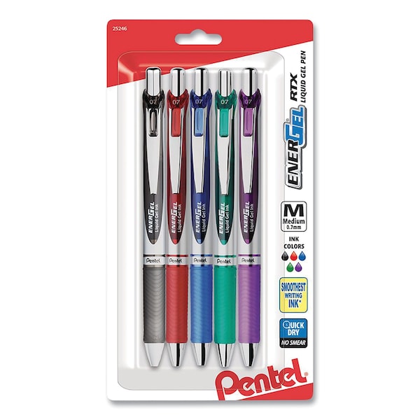 EnerGel RTX Gel Pen, Retractable, Medium 0.7 mm, Assorted Ink and Barrel Colors, PK5, 5PK